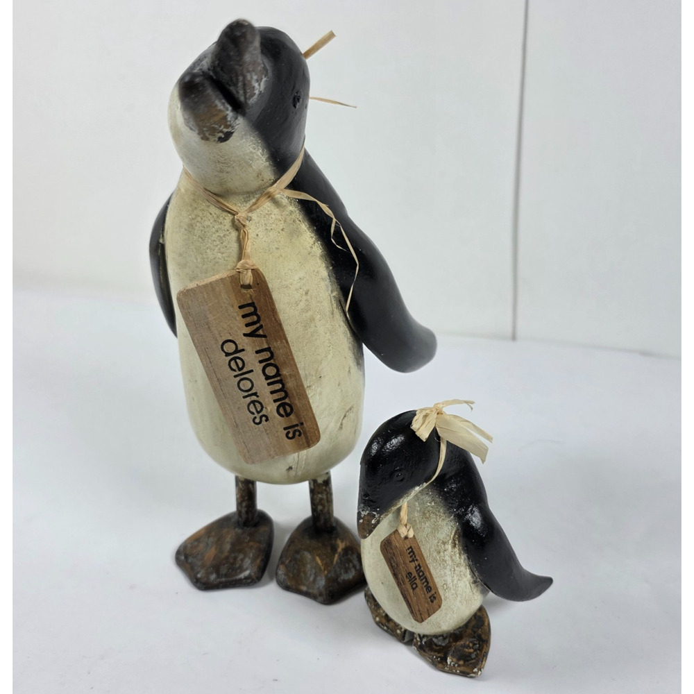 Primitive Wooden Penguin Figurines Set Dolores & Ella Rustic Folk Art Decor Pair
